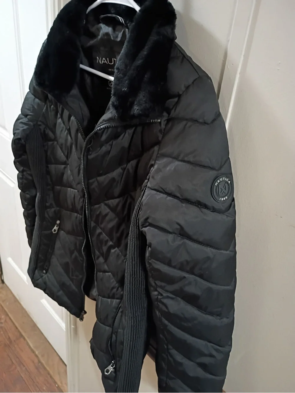 Nautica Black Quilted Puffer Jacket with Faux Fur Collar